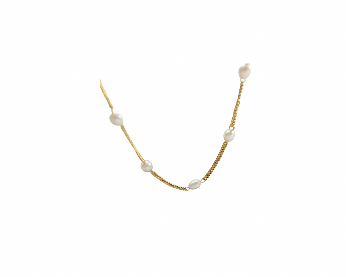18K Gold Plated Chain Link Natural Freshwater Pearl Necklace
