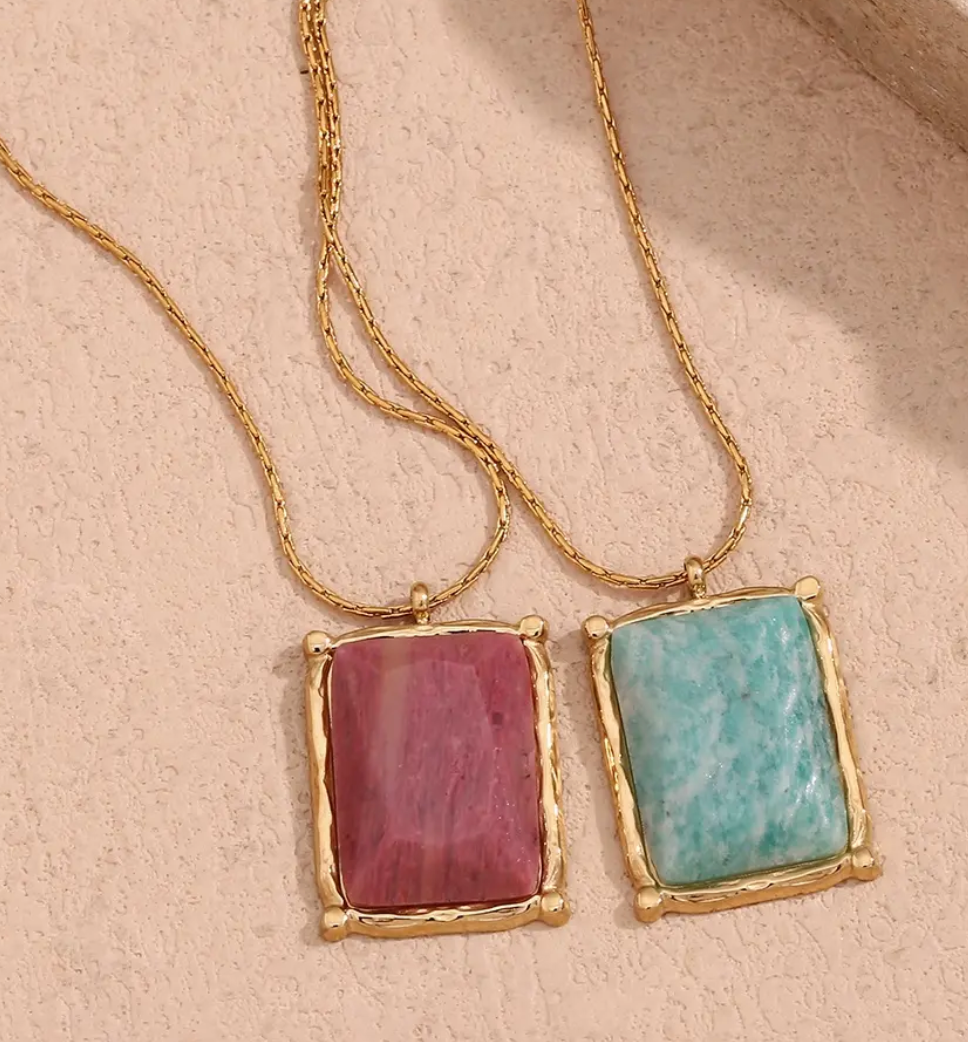 Square Natural Stone Pendant Necklace