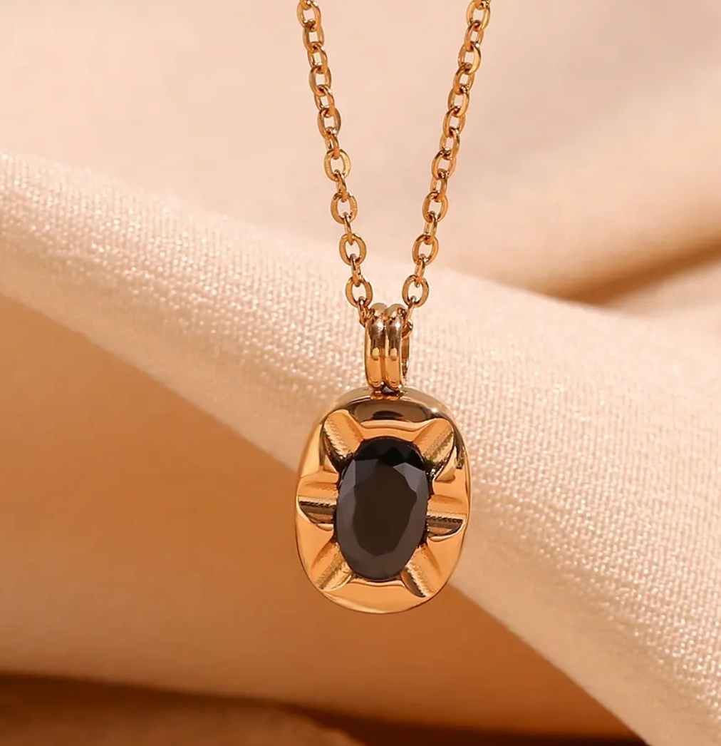 Square Black Stone Pendant Necklace